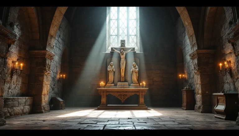 Intérieur atmosphérique d'une vieille chapelle bretonne en granit