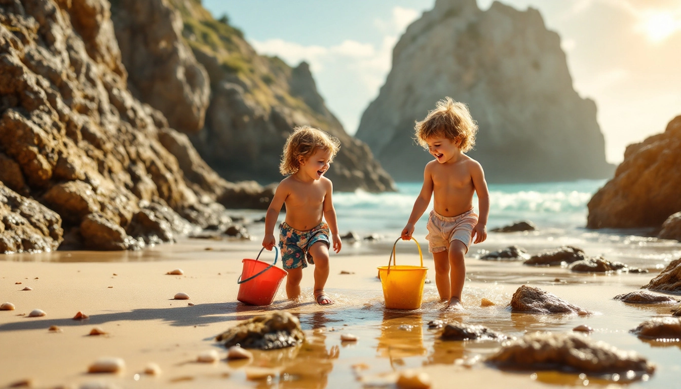 Enfants explorant les rochers d'une plage bretonne à marée basse