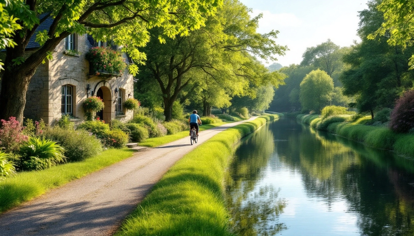 Cycliste sur le chemin de halage du canal de Nantes à Brest