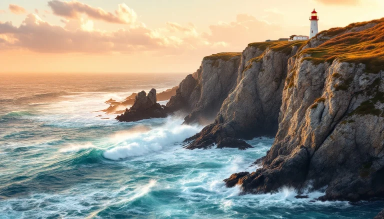 Cap breton, falaises et phare au-dessus de la mer
