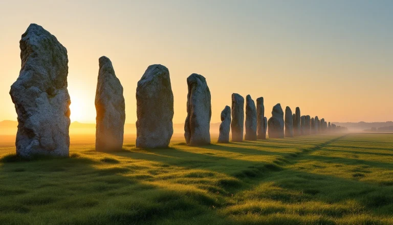 Alignements de menhirs de Carnac dans un champ au lever du soleil