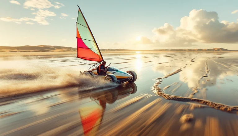 Char à voile lancé sur une plage bretonne à marée basse