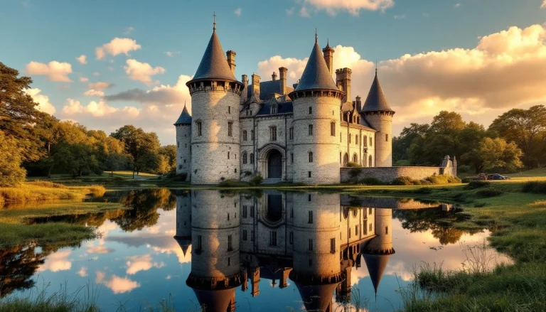 Château médiéval breton et ses tours reflétées dans les douves
