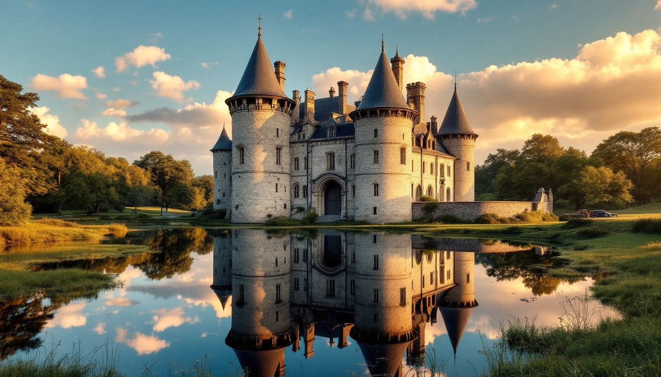 Château médiéval breton et ses tours reflétées dans les douves