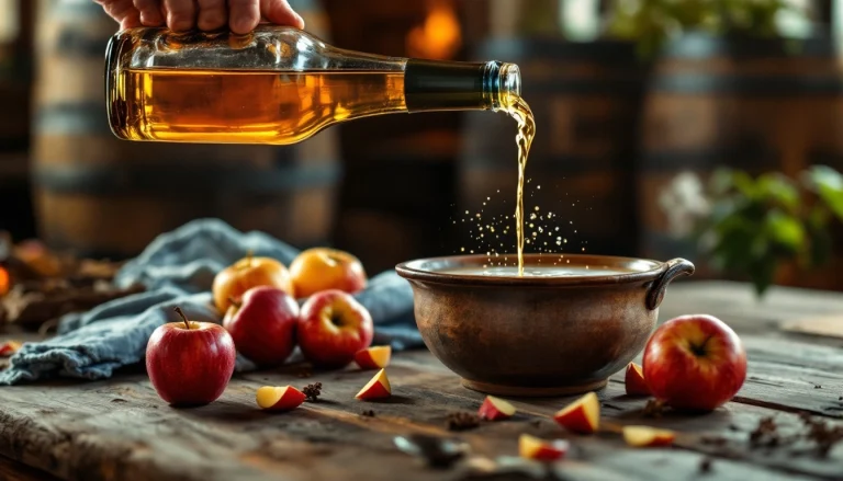 Cidre breton versé dans une bolée, pommes et tonneaux de cidrerie