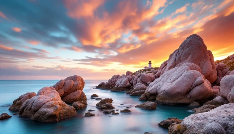 Blocs de granit rose et petit phare à Ploumanac'h au coucher du soleil