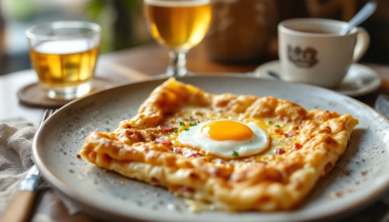 Galette bretonne complète avec œuf, servie avec du cidre en crêperie