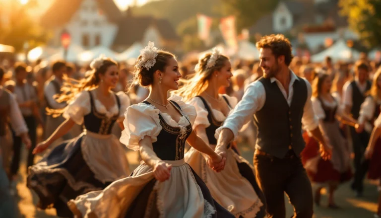 Danseurs bretons en costumes traditionnels en chaîne lors d'une fête