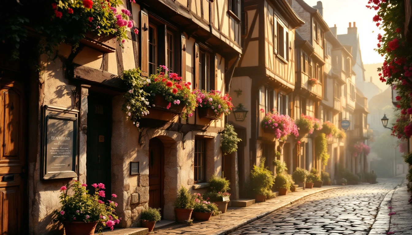 Rue médiévale pavée bordée de maisons à pans de bois à Dinan