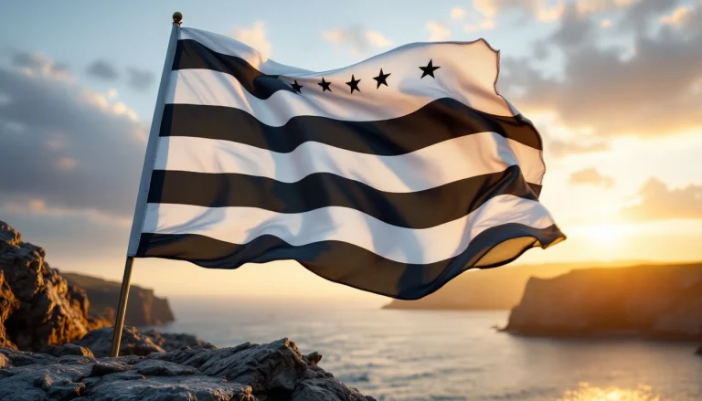 Drapeau breton Gwenn ha Du flottant face a la mer