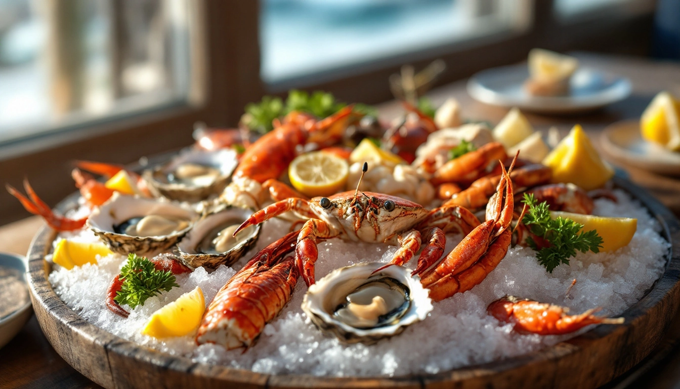 Plateau de fruits de mer breton sur glace : huîtres et crustacés