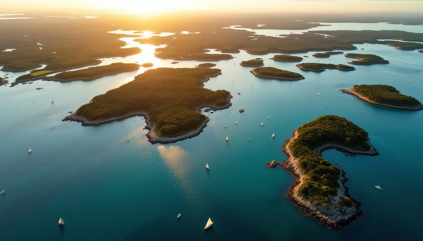 Vue aerienne du golfe du Morbihan et ses iles