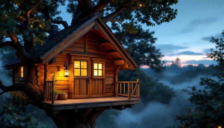 Cabane insolite dans les arbres au crepuscule en Bretagne