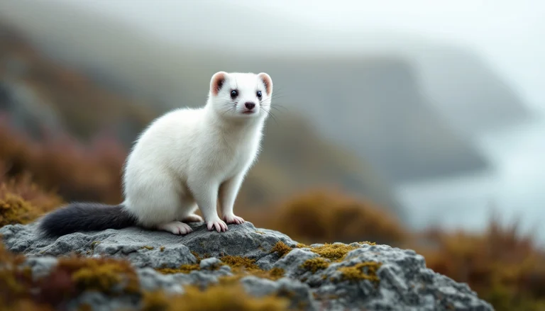 Hermine au pelage blanc d'hiver, symbole de la Bretagne
