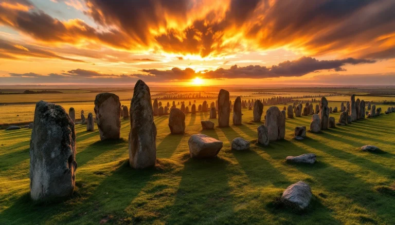 Alignements de menhirs de Carnac au coucher du soleil, Bretagne