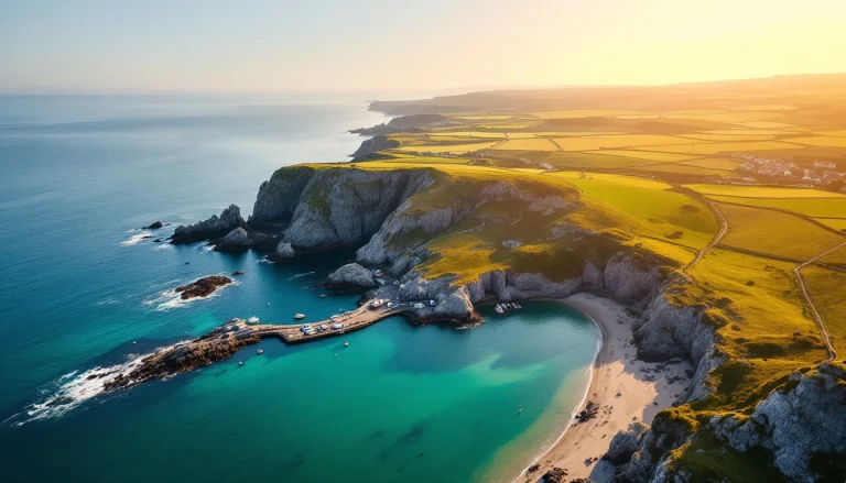 Île bretonne vue du ciel, côte découpée et eaux turquoise