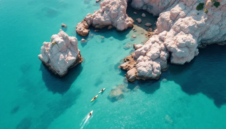 Kayakistes de mer entre les rochers de granit rose, Bretagne