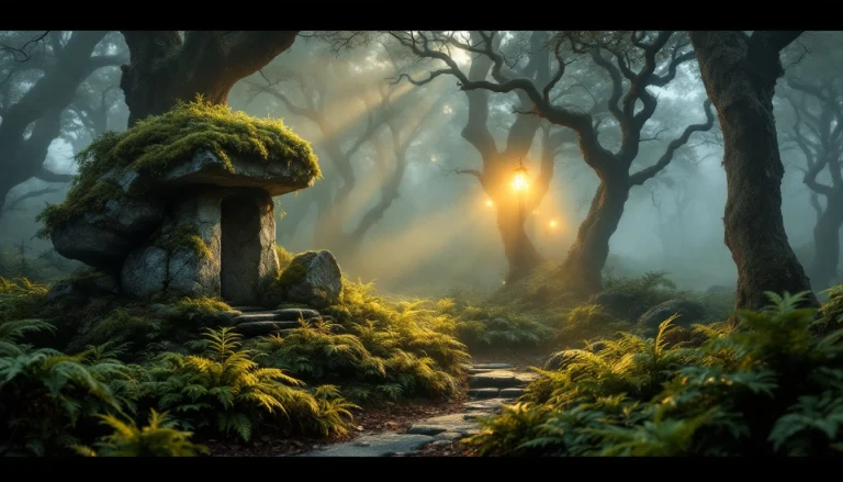 Forêt bretonne brumeuse au crépuscule avec un dolmen moussu