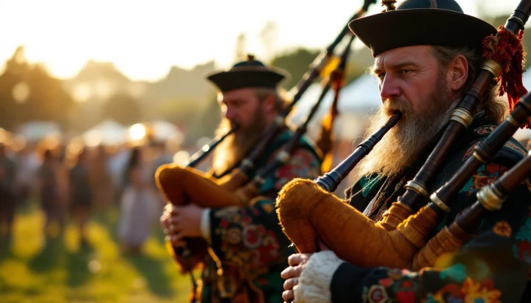Sonneurs bretons jouant biniou et bombarde lors d'un festival celtique