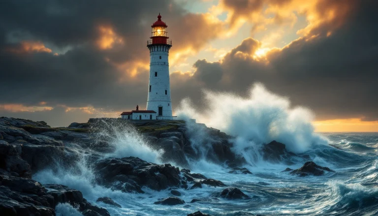 Phare breton sur des rochers battus par les vagues