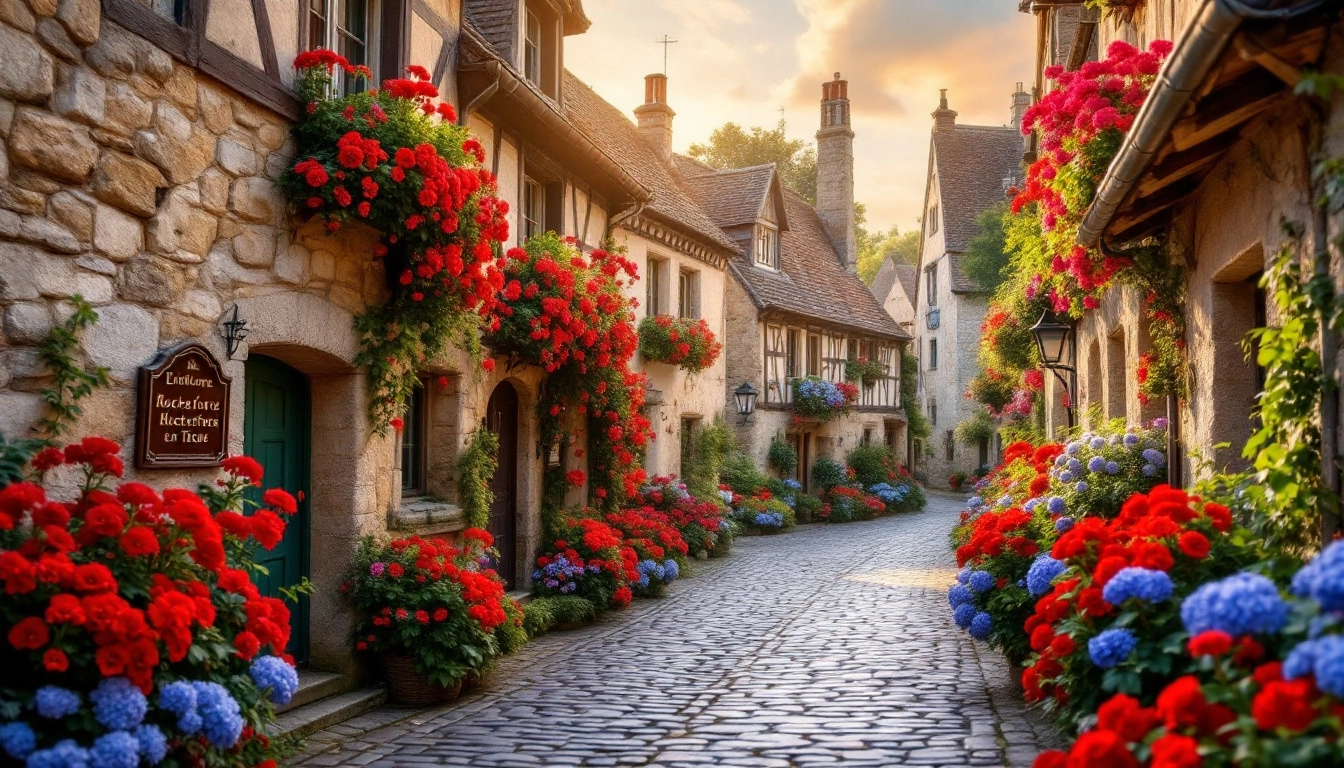 Maisons de pierre fleuries de géraniums dans une ruelle de Rochefort-en-Terre