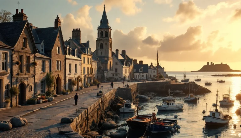 Les maisons de granit et le clocher de l'église de Roscoff près du port