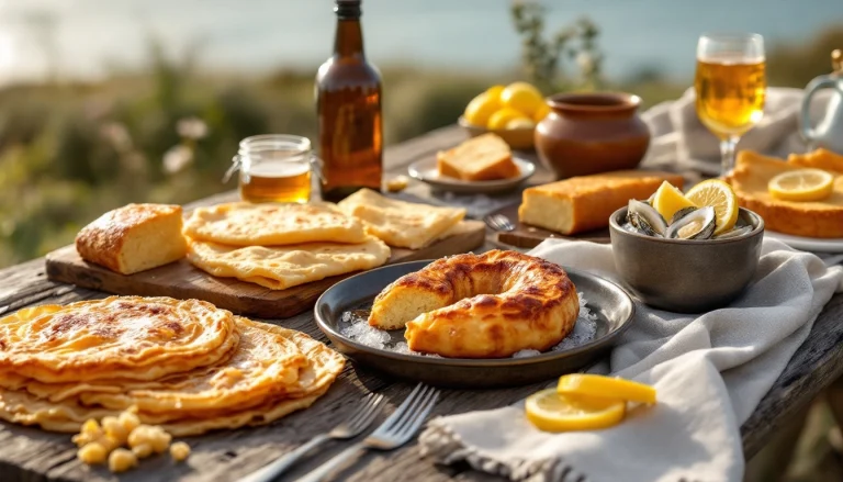 Specialites bretonnes : crepes, kouign-amann, cidre et fruits de mer