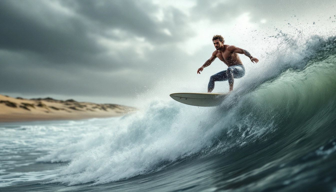 Surfeur sur une vague à La Torche, Bretagne