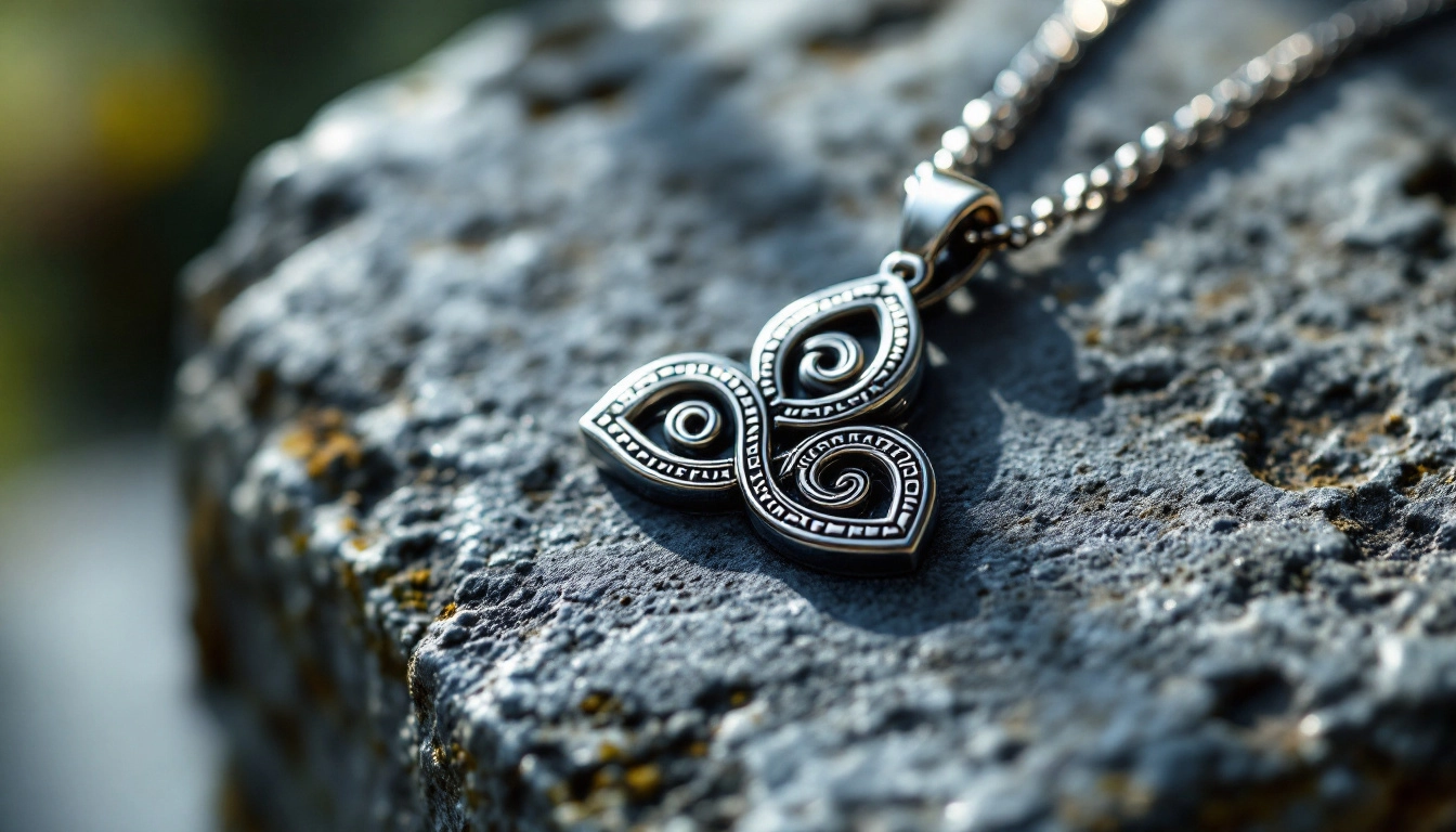 Pendentif triskell celtique en argent posé sur de la pierre