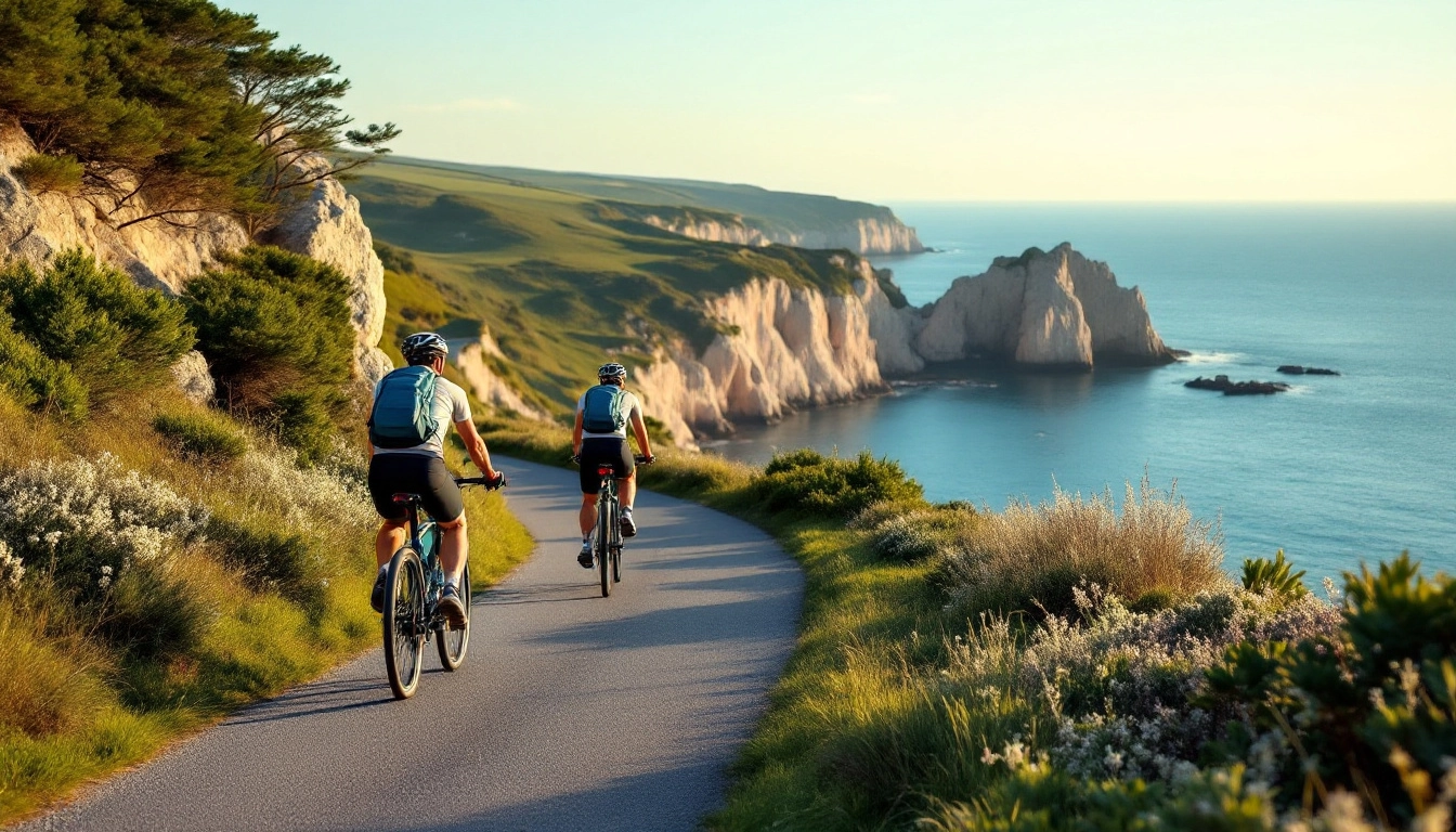 Cyclistes sur une voie verte cotiere en Bretagne