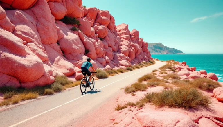 Cycliste sur la Vélomaritime le long de la côte de granit rose