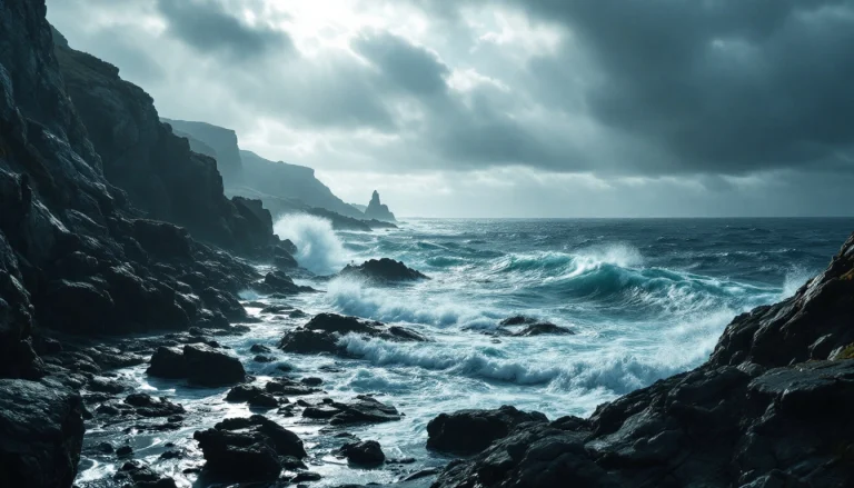 Côte sauvage de la baie de Douarnenez, mer déchaînée et falaises