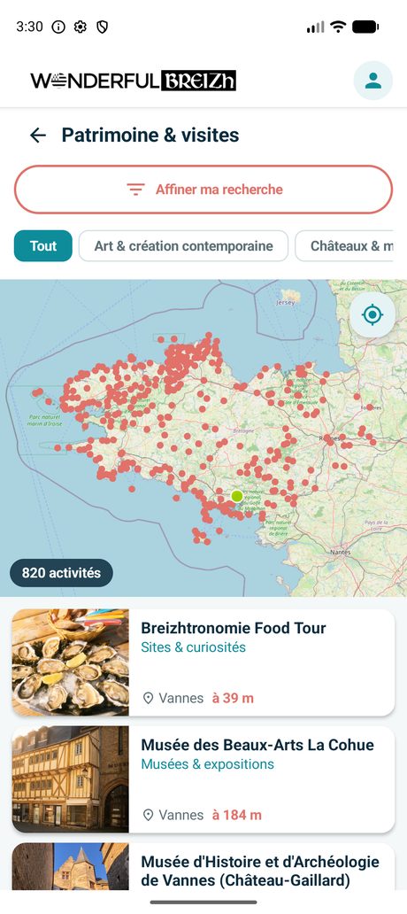Carte des activités en Bretagne